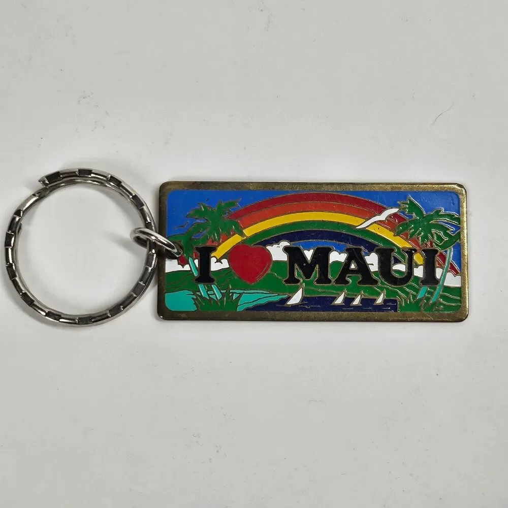 I Heart Maui Vintage Keychain Brass Enamel Hawaii Souvenir 1980s